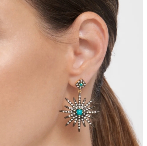 14K Yellow Gold Plated Turquoise & Swarovski Crystal Starburst Earrings - Picture 2 of 4